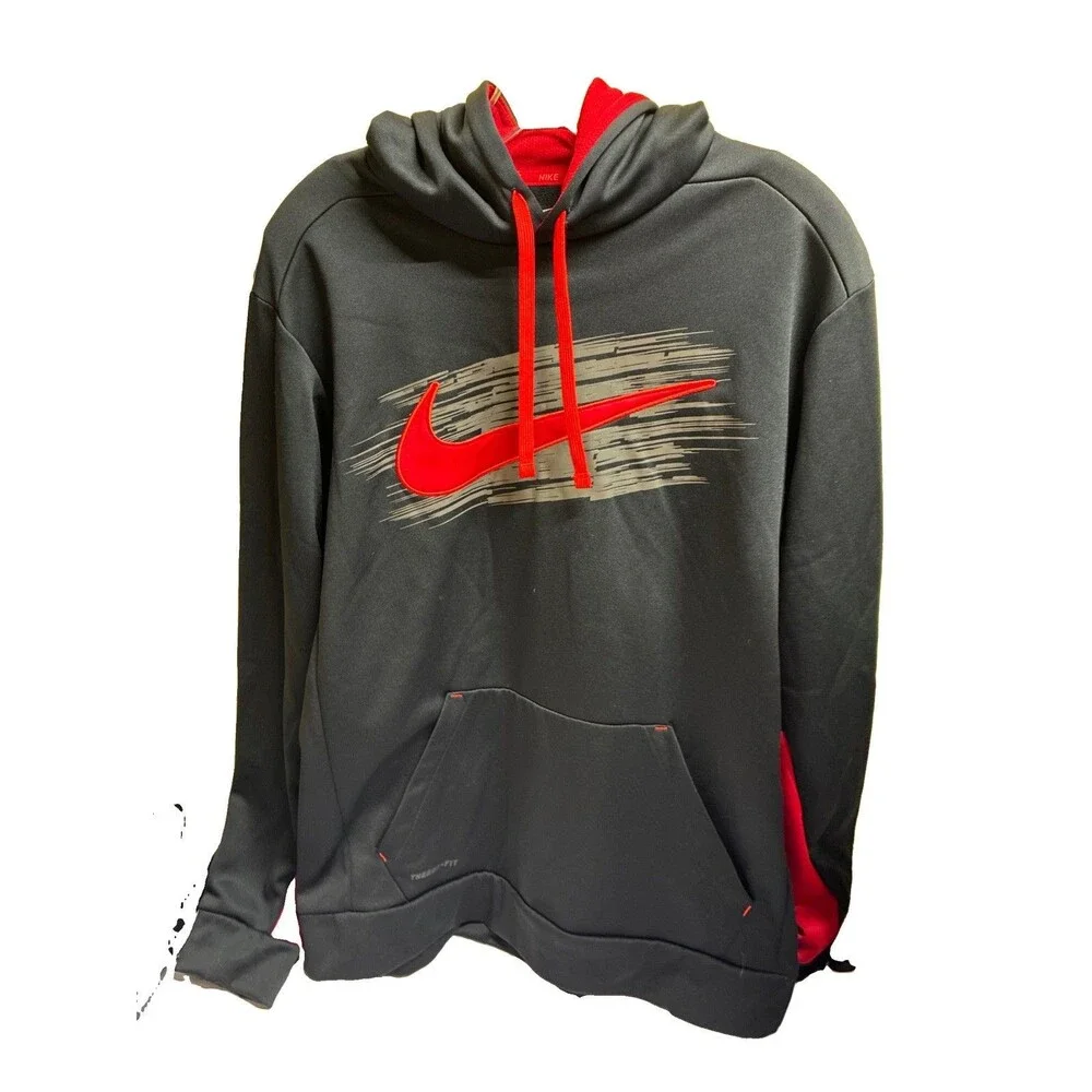 Nike Therma-FIT Hoodie Mens L Black Red Pullover Big Swoosh Logo 749517-010